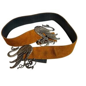 Vintage Statement Suede Belt Intricate Swan Peacock Pewter Buckle *No clasp